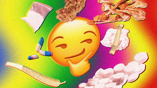 an apple iOS emoji smirking surrounded by various drugs, like mushrooms, pills, and a joint, with a rainbow background